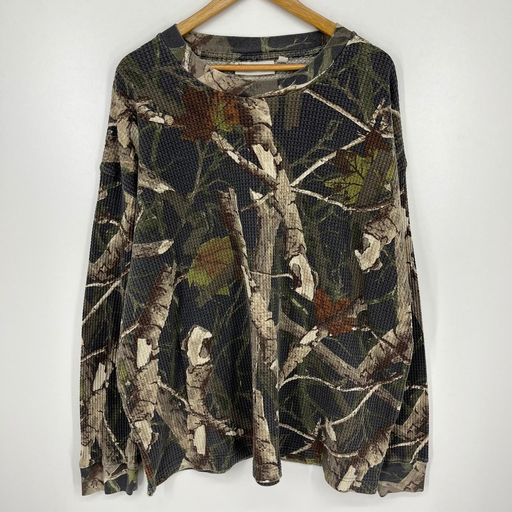 No Boundaries Mens 2XL Waffle Knit Thermal Camo Long Sleeve Shirt Forest Print